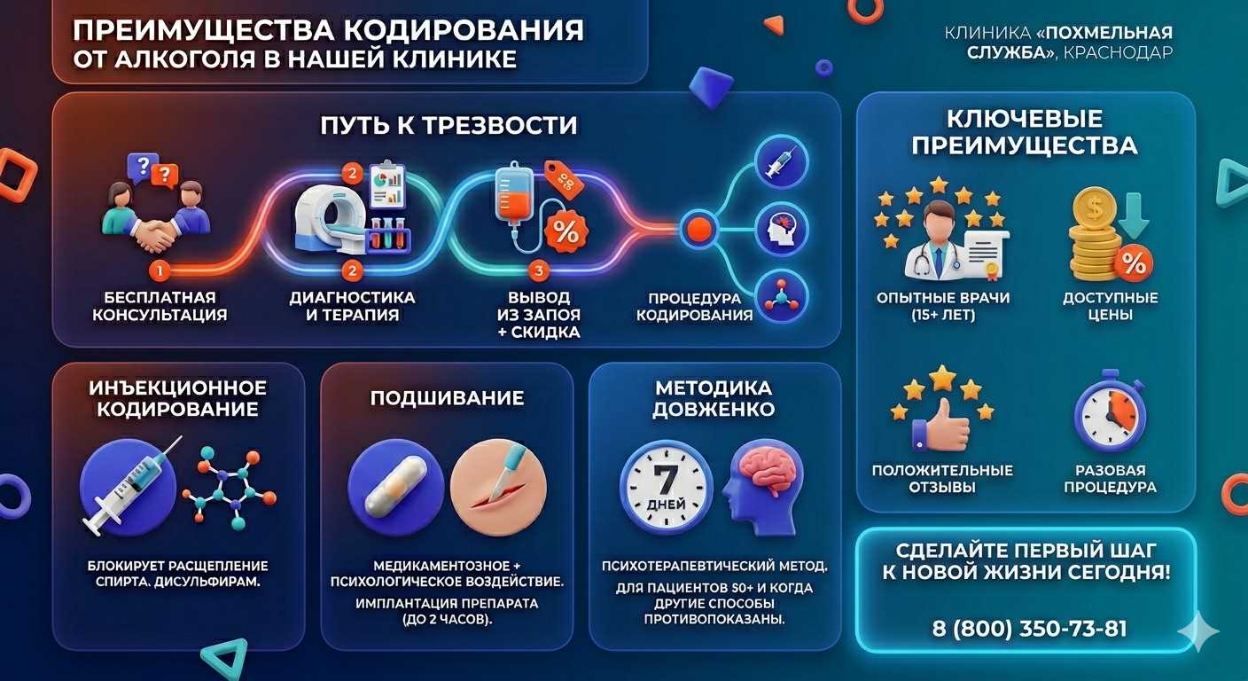 Инфографика о методах кодирования от алкоголя в Сагопши: инъекции, подшивание, метод Довженко. Преимущества клиники и этапы лечения.