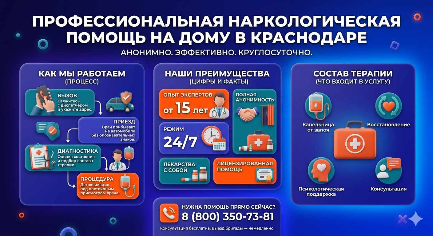 Инфографика о принципах лечения алкоголизма на дому в Сагопши: этапы вызова нарколога, преимущества анонимной детоксикации и состав медицинской помощи.